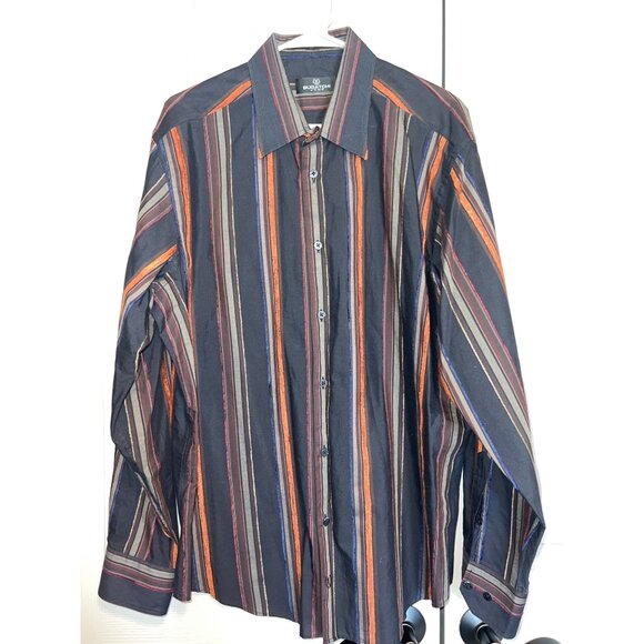 Bugatchi‎ Uomo XL Men's Striped Button-Up Shirt – Black Multi-Color Microfiber - Picture 1 of 9